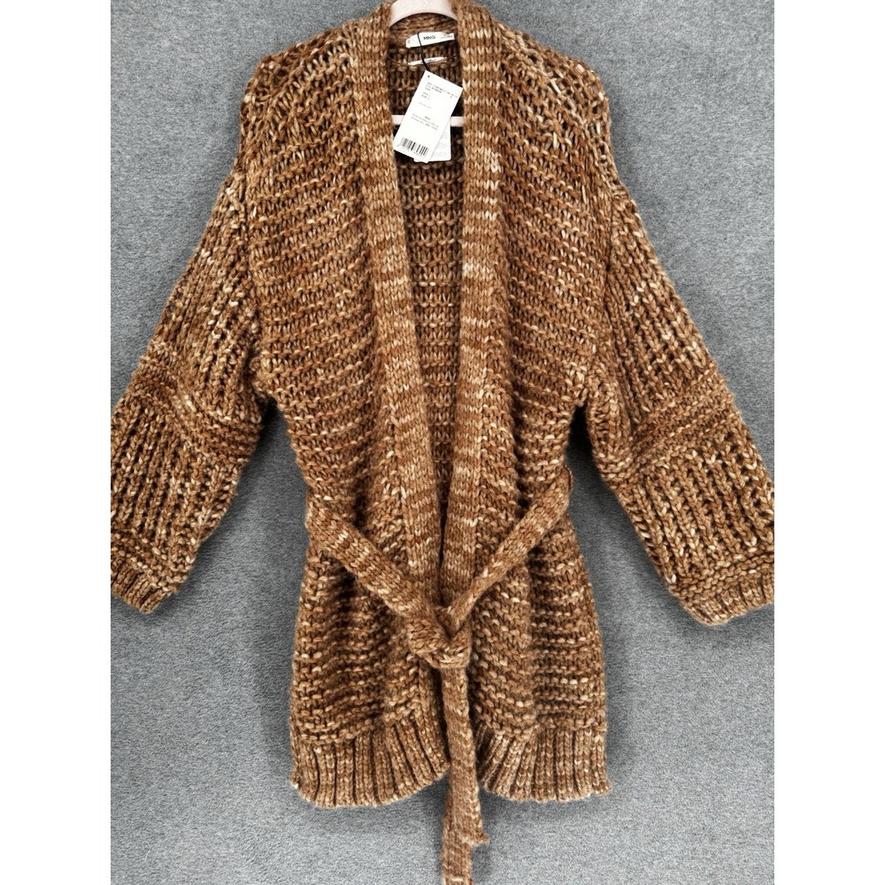 Women's Chunky Knit Teddy Cardigan Wool Blend Belted Brown L NWT MNG Mango